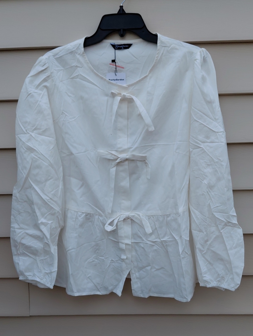 PRETTY GARDEN Women's Cream Bow  Tie-Front Peplum Long Sleeve Blouse Size XL